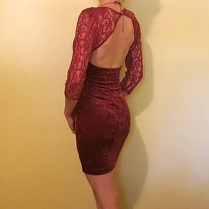 FREDERICK'S OF HOLLYWOOD Vintage Red Crushed Velvet/Lace Bodycon Dress Small